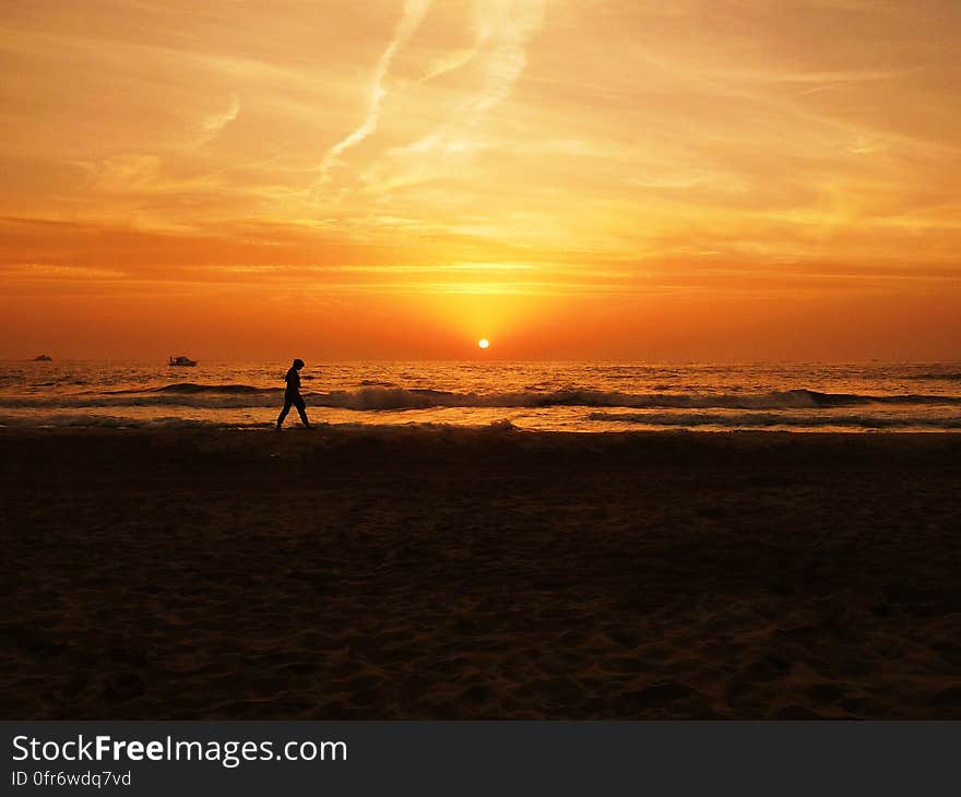 A person jogging on beach at sunset.