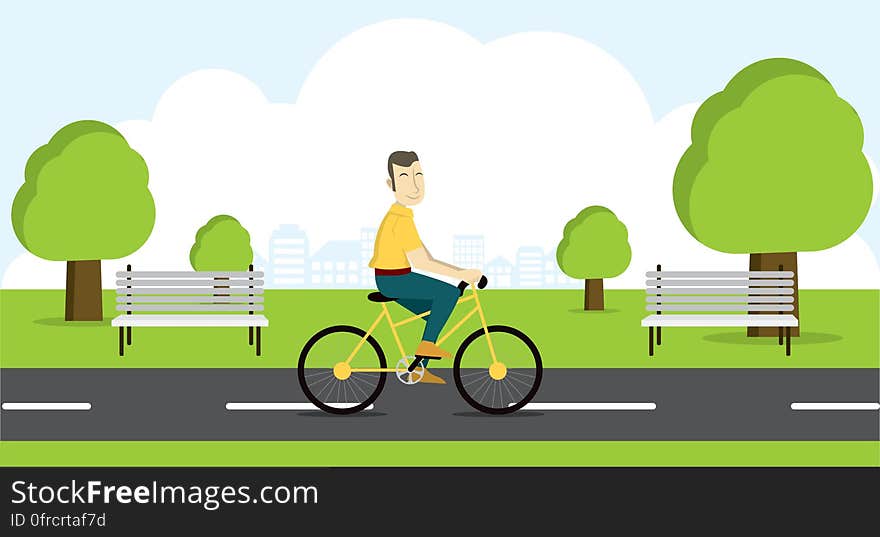 Active young man riding on bicycle. Design element. Flat illustration