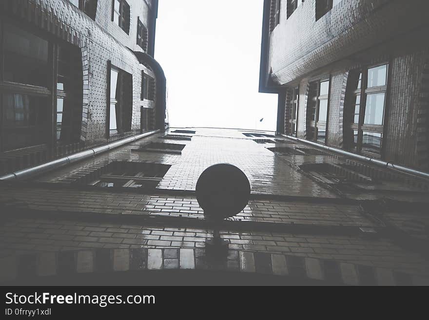 A low angle view of the facade of a building. A low angle view of the facade of a building.