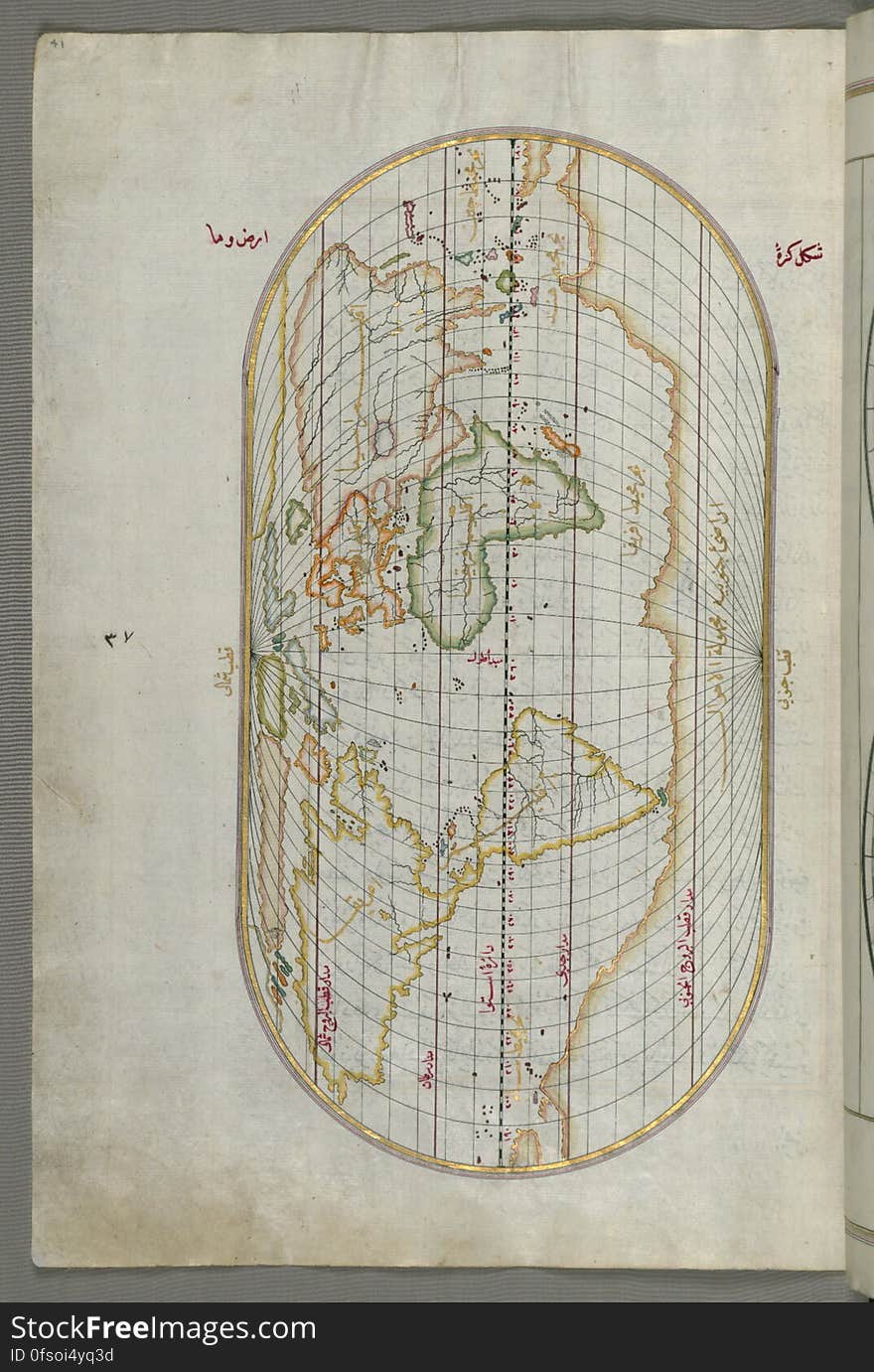 Originally composed in 932 AH / 1525 CE and dedicated to Sultan Süleyman I &#x28;&quot;The Magnificent&quot;&#x29;, this great work by Piri Reis &#x28;d. 962 AH / 1555 CE&#x29; on navigation was later revised and expanded. The present manuscript, made mostly in the late 11th AH / 17th CE century, is based on the later expanded version with some 240 exquisitely executed maps and portolan charts. They include this world map with the outline of the Americas, as well as coastlines &#x28;bays, capes, peninsulas&#x29;, islands, mountains and cities of the Mediterranean basin and the Black Sea. The work starts with the description of the coastline of Anatolia and the islands of the Aegean Sea, the Peloponnese peninsula and eastern and western coasts of the Adriatic Sea. It then proceeds to describe the western shores of Italy, southern France, Spain, North Africa, Palestine, Israel, Lebanon, Syria, western Anatolia, various islands north of Crete, Sea of Marmara, Bosporus and the Black Sea. It ends with a map of the shores of the the Caspian Sea &#x28;fol.374a&#x29;. See this manuscript page by page at the Walters Art Museum website: art.thewalters.org/viewwoa.aspx?id=19195. Originally composed in 932 AH / 1525 CE and dedicated to Sultan Süleyman I &#x28;&quot;The Magnificent&quot;&#x29;, this great work by Piri Reis &#x28;d. 962 AH / 1555 CE&#x29; on navigation was later revised and expanded. The present manuscript, made mostly in the late 11th AH / 17th CE century, is based on the later expanded version with some 240 exquisitely executed maps and portolan charts. They include this world map with the outline of the Americas, as well as coastlines &#x28;bays, capes, peninsulas&#x29;, islands, mountains and cities of the Mediterranean basin and the Black Sea. The work starts with the description of the coastline of Anatolia and the islands of the Aegean Sea, the Peloponnese peninsula and eastern and western coasts of the Adriatic Sea. It then proceeds to describe the western shores of Italy, southern France, Spain, North Africa, Palestine, Israel, Lebanon, Syria, western Anatolia, various islands north of Crete, Sea of Marmara, Bosporus and the Black Sea. It ends with a map of the shores of the the Caspian Sea &#x28;fol.374a&#x29;. See this manuscript page by page at the Walters Art Museum website: art.thewalters.org/viewwoa.aspx?id=19195