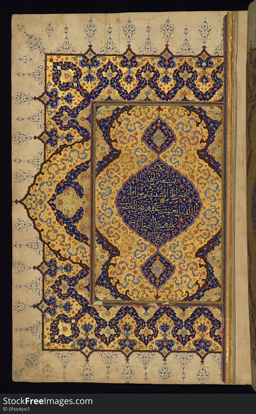 An illuminated large size copy of the Koran &#x28;Qur&#x27;an&#x29; produced in the 11th century AH / 17th CE in Iran. Apart from using a number of scripts, such as naskh, muḥaqqaq and tawqīʿ, this codex features six pairs of decorated pages, two illuminated headpieces, as well as illuminated chapter headings, cloud-bands, and marginal decoration. The black morocco binding has a central piece in the form of a diamond with pendants on four sides. The inner covers, having a traditional dentelle decoration, features text from the &#x22;the verse of the throne&#x22; &#x28;āyat al-kursī&#x29;, which is inscribed in the outer frame. The left side of a double-page opening decoration containing the text of the first chapter &#x28;Sūrat al-fātiḥah&#x29; inscribed in the center medallion in gold muḥaqqaq script on a blue background. An illuminated large size copy of the Koran &#x28;Qur&#x27;an&#x29; produced in the 11th century AH / 17th CE in Iran. Apart from using a number of scripts, such as naskh, muḥaqqaq and tawqīʿ, this codex features six pairs of decorated pages, two illuminated headpieces, as well as illuminated chapter headings, cloud-bands, and marginal decoration. The black morocco binding has a central piece in the form of a diamond with pendants on four sides. The inner covers, having a traditional dentelle decoration, features text from the &#x22;the verse of the throne&#x22; &#x28;āyat al-kursī&#x29;, which is inscribed in the outer frame. The left side of a double-page opening decoration containing the text of the first chapter &#x28;Sūrat al-fātiḥah&#x29; inscribed in the center medallion in gold muḥaqqaq script on a blue background.