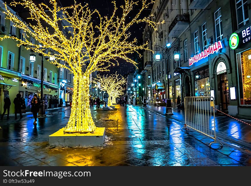 Pedestrians on streets of city illuminated at night with trees decorated in white lights. Pedestrians on streets of city illuminated at night with trees decorated in white lights.