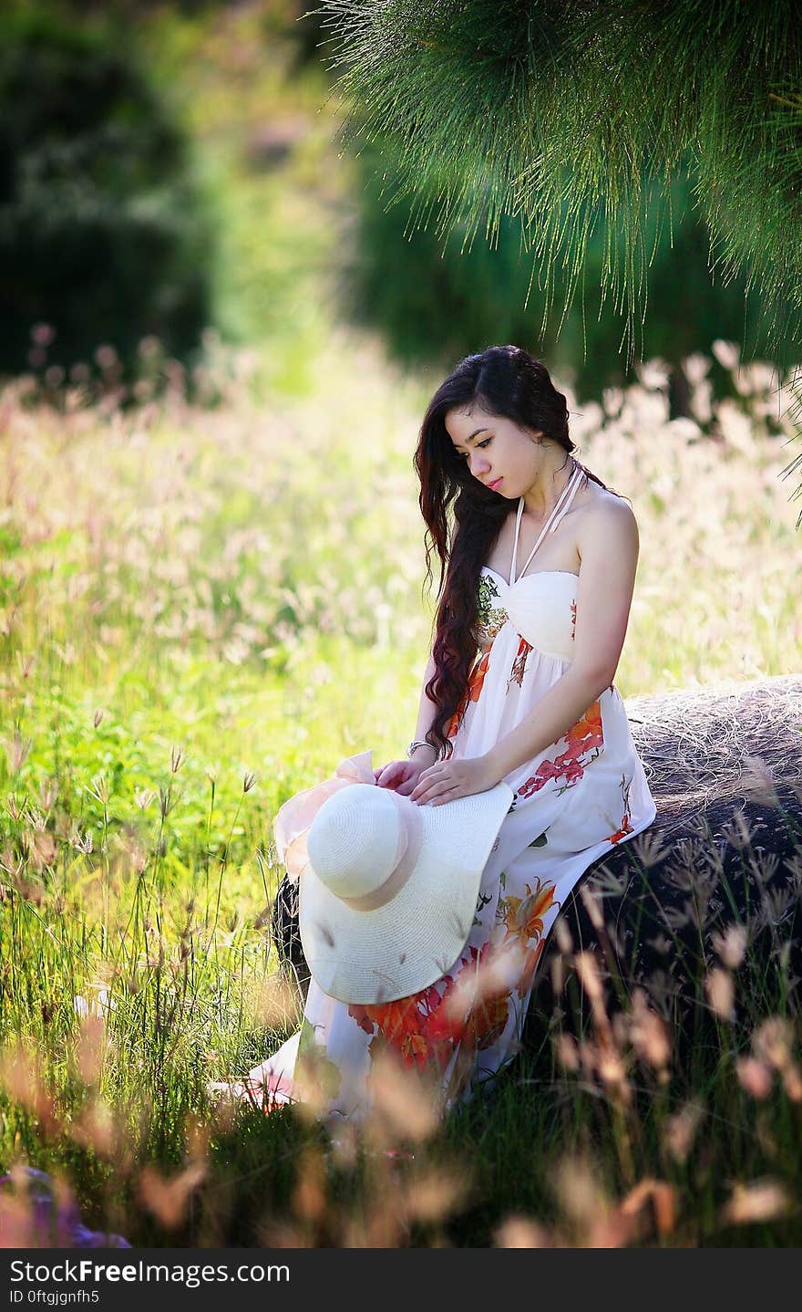 Portrait of young Asian woman in sundress sitting in field holding hat on sunny day. Portrait of young Asian woman in sundress sitting in field holding hat on sunny day.