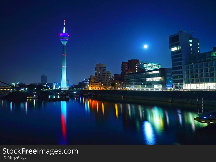 The Rheinturm tower and Düsseldorf, Germany at night. The Rheinturm tower and Düsseldorf, Germany at night.