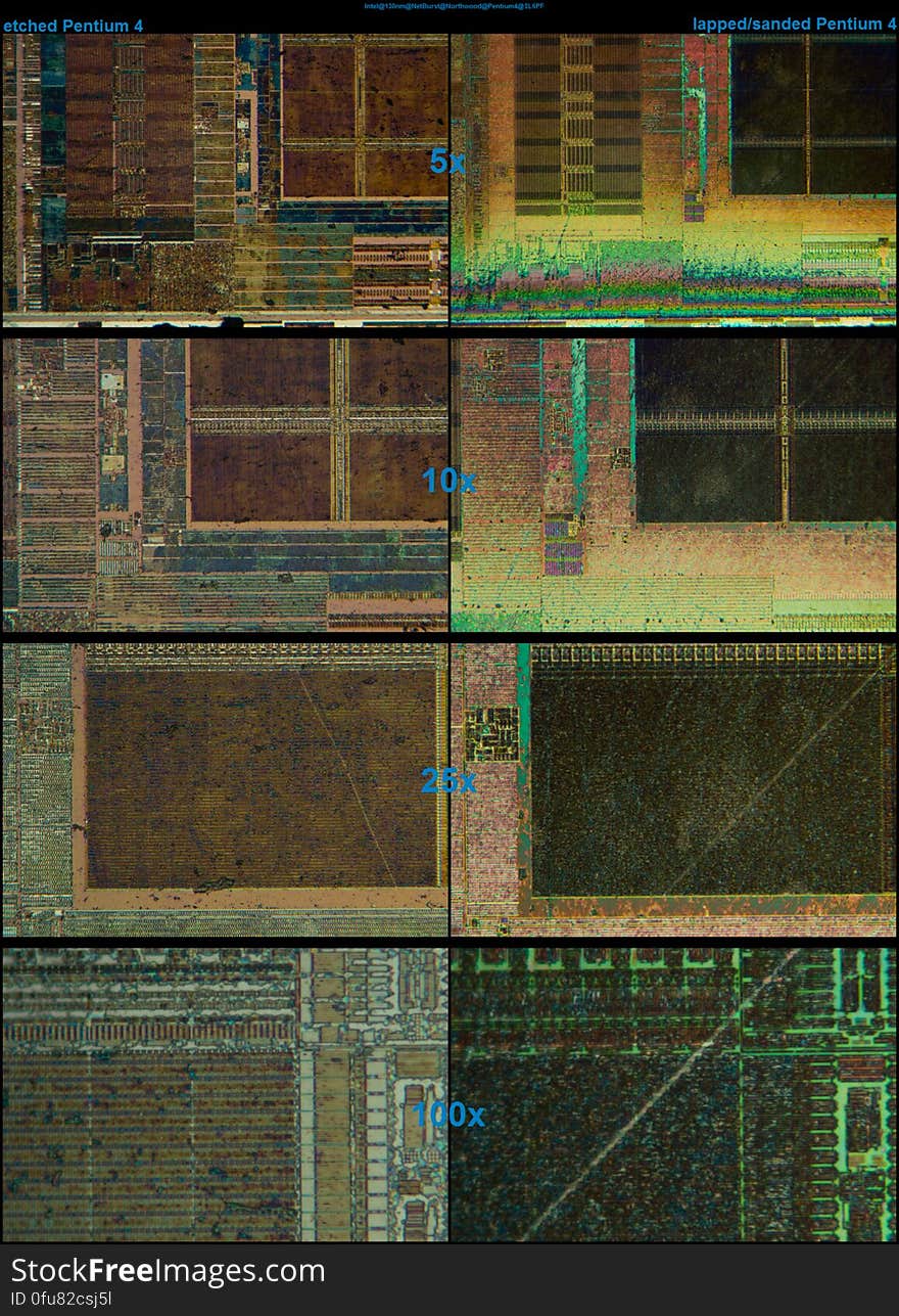 The lapped pentium 4 from Mar/20/2016 in comparison of a etched pentium 4. Before etch with glas etching cream, the chip was totally scratched. look with a reflected light microscope. The lapped pentium 4 from Mar/20/2016 in comparison of a etched pentium 4. Before etch with glas etching cream, the chip was totally scratched. look with a reflected light microscope