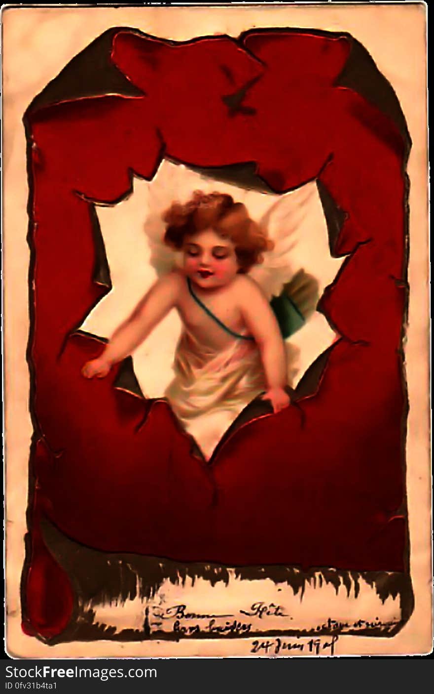 Vintage Valentine Cupid Ripping through Red