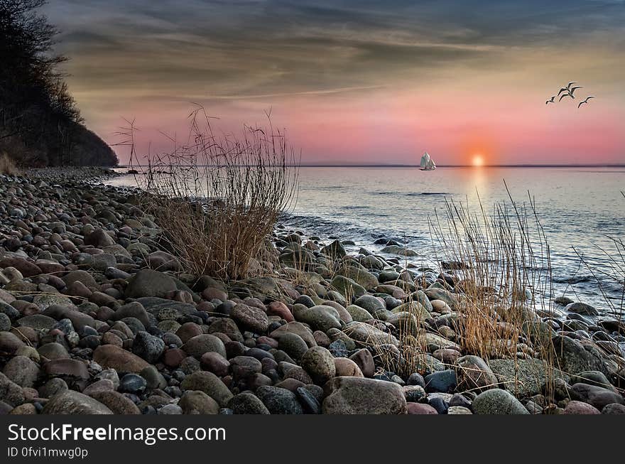 Brown and Grey Stones on Seashore during Sunset