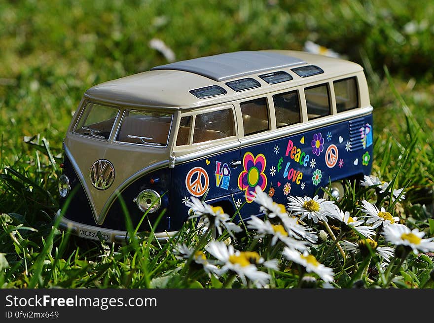 Volkswagen Beige and Blue Van Scale Model Near White Daisy Flower during Daytime