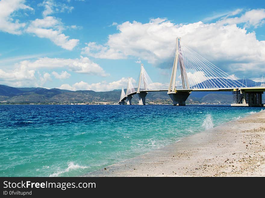 The Rio–Antirrio Bridge, officially the Charilaos Trikoupis Bridge, a multi-span cable-stayed suspended bridge on the the Gulf of Corinth near Patras. The Rio–Antirrio Bridge, officially the Charilaos Trikoupis Bridge, a multi-span cable-stayed suspended bridge on the the Gulf of Corinth near Patras.