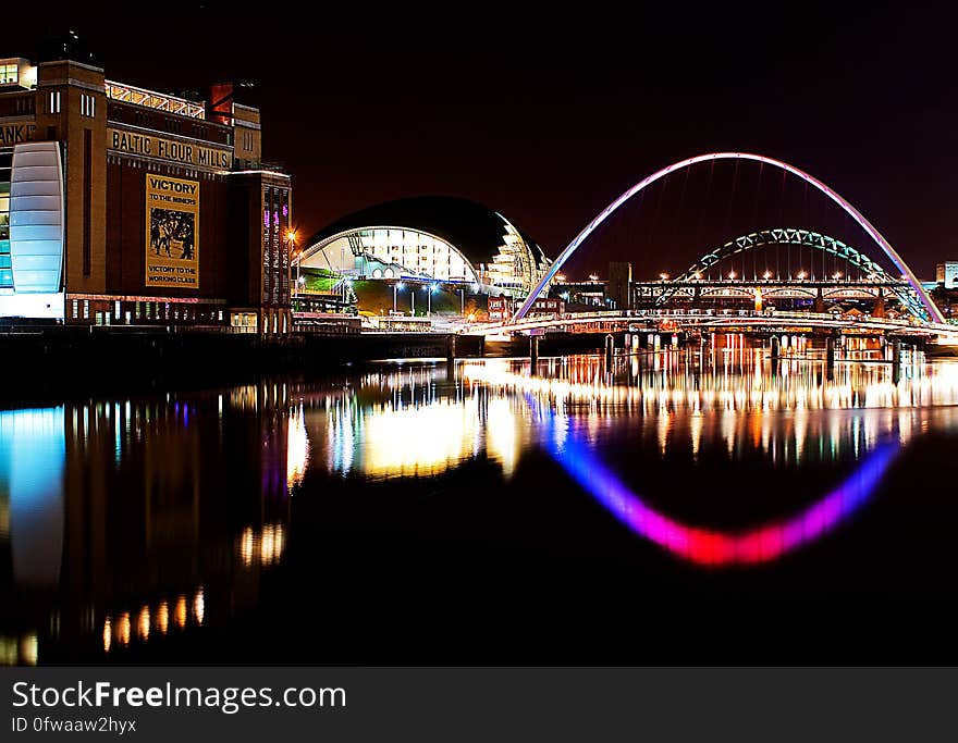 Gateshead, Tyne and Wear, in North East England, United Kingdom at night. Gateshead, Tyne and Wear, in North East England, United Kingdom at night.