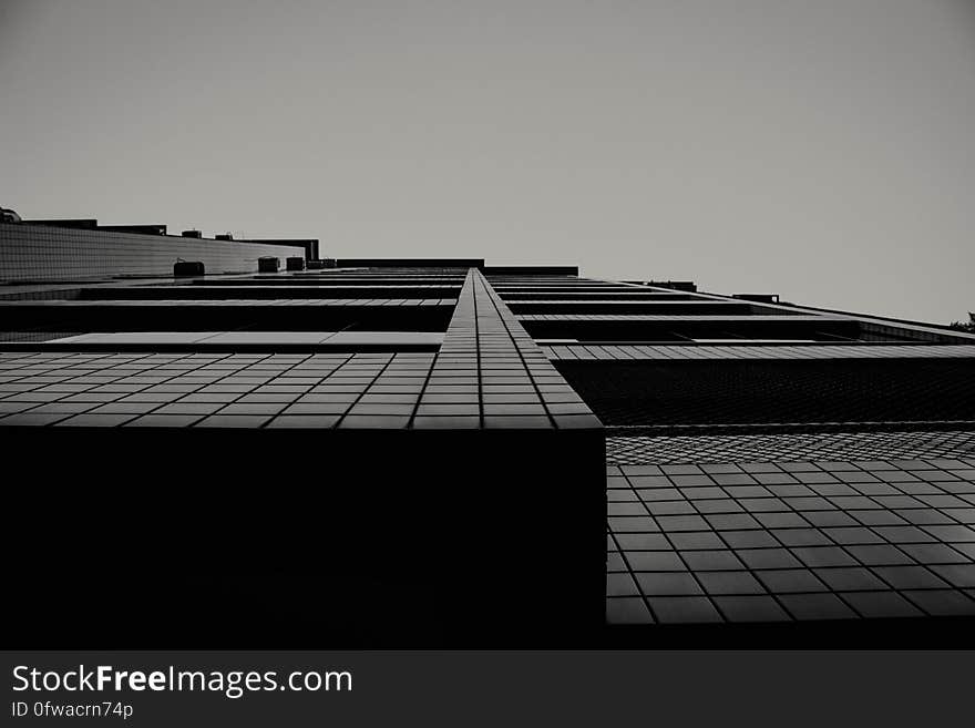 Exterior of modern building in black and white.