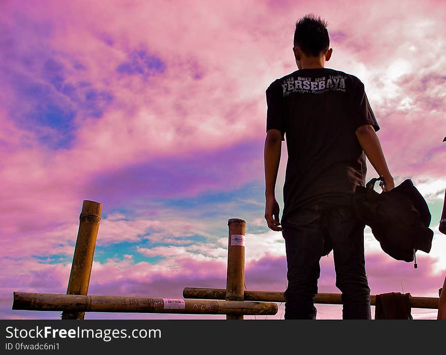Back of man standing next to bamboo poles at sunset. Back of man standing next to bamboo poles at sunset.