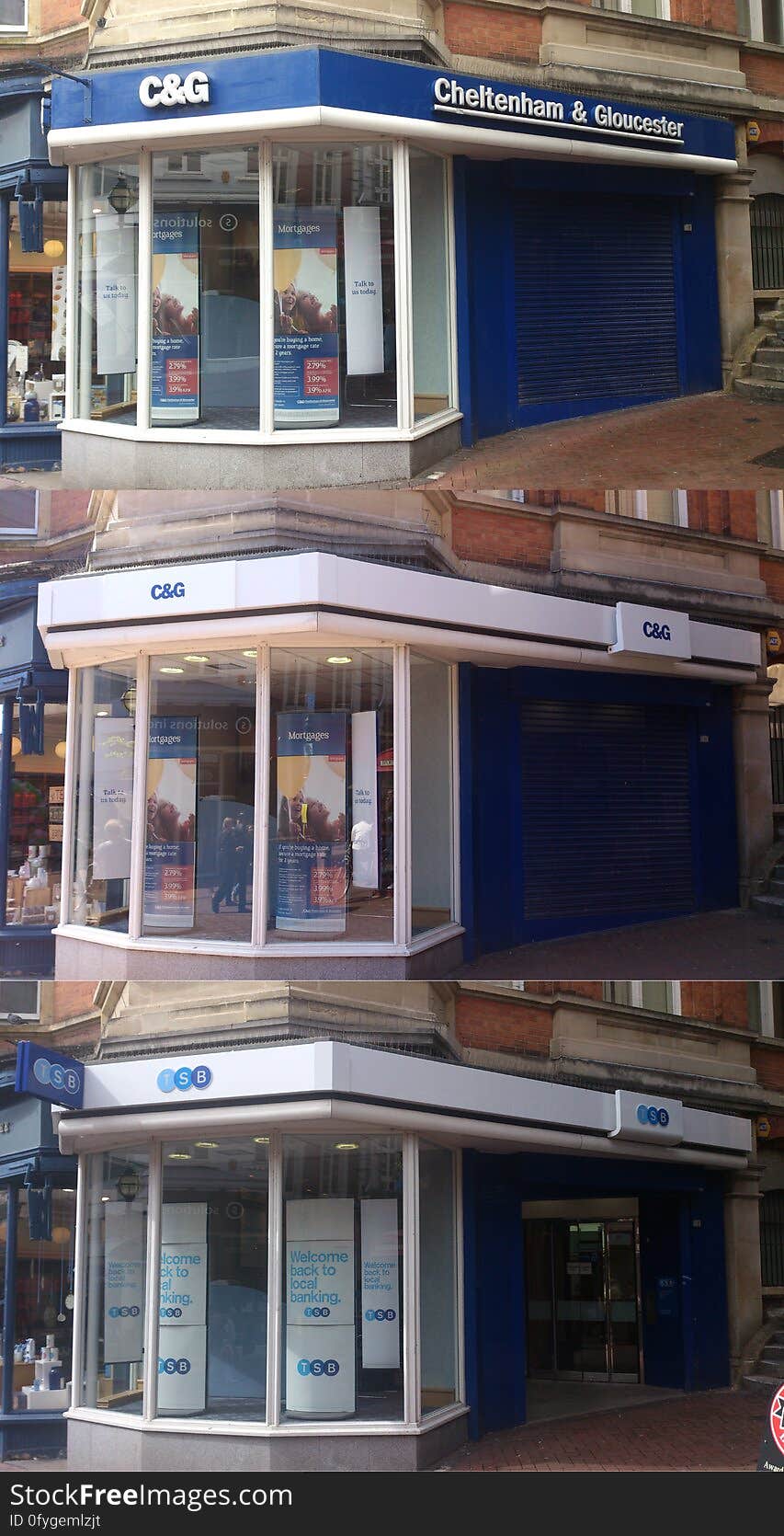 Three stages of branding - from Cheltenham and Gloucester to a TSB, as part of the 2013 Lloyds TSB bank demerger. Three stages of branding - from Cheltenham and Gloucester to a TSB, as part of the 2013 Lloyds TSB bank demerger.