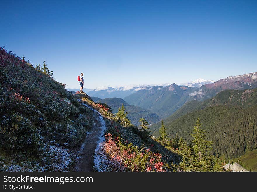 A man standing on a rock on the mountain side. A man standing on a rock on the mountain side.