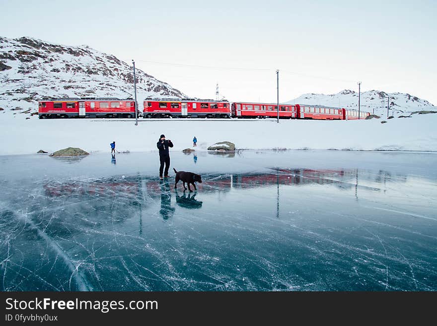 Person walking dog on frozen lake with train in background, winter scene.