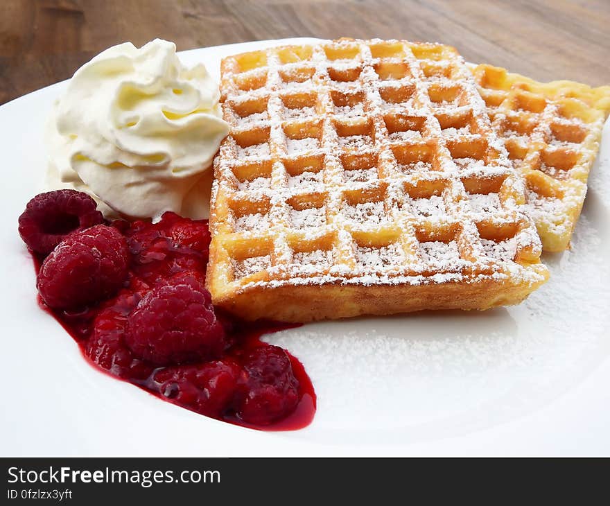 Waffle Beside Cherry and Ice Cream