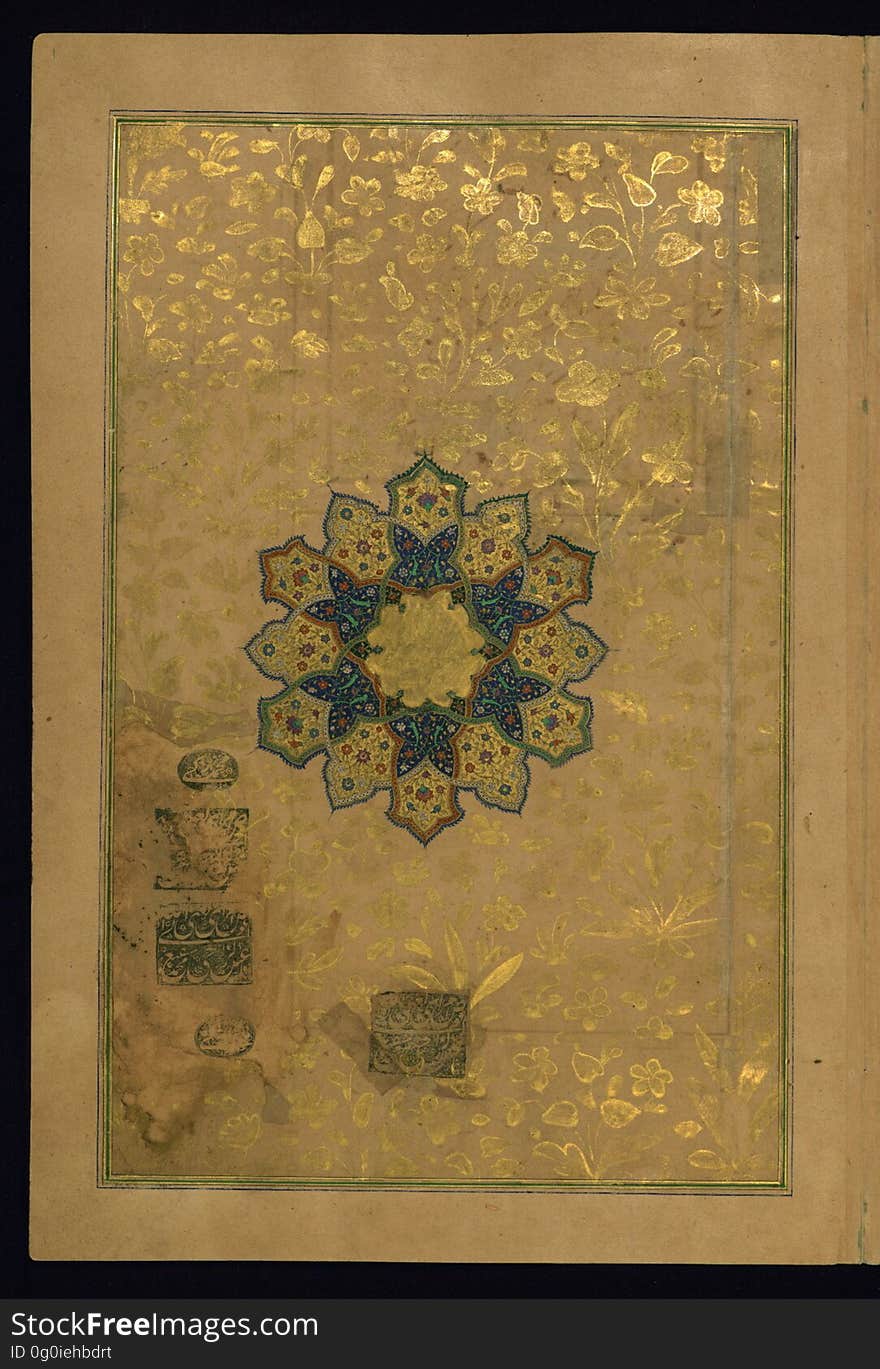 This is a deluxe copy of the Khamsah &#x28;quintet&#x29; of Amīr Khusraw Dihlavī &#x28;d. 725 AH / 1325 CE&#x29;. The manuscript was written in nastaʿlīq script by one of the greatest calligraphers of the Mughal atelier, Muḥammad Ḥusayn al-Kashmīrī, honored with the epithet Zarrīn Qalam &#x28;golden pen&#x29;. This copy of Dihlavī&#x27;s Khamsah, likely produced in Lahore &#x28;present-day Pakistan&#x29; in the late tenth century AH / sixteenth CE, is associated with the patronage of Akbar &#x28;r. 963-1014 AH / 1556-1605 CE&#x29;. The manuscript bears the names of a number of painters and illuminators. The illustrations bear ascriptions to the following artists: Laʿl &#x28;Lāl&#x29;, Manūhar, Sānwalah, Farrukh, Alīqulī, Dharamdās, Narsing, Jagannāth, Miskīnā, Mukund, and Sūrdās Gujarātī. The illuminators are Ḥusayn Naqqāsh, Manṣūr Naqqāsh, Khvājah Jān Shīrāzī, and Luṭf Allāh Muẕahhib. The borders are all elaborately illuminated with animal, bird, and geometric motifs, as well as human figures engaged in such activities as hunting, praying, and reading. The lacquer binding, decorated with pictorial scenes, is contemporary with the manuscript. Eight leaves from this copy of the Khamsah of Dihlavī are housed in the Metropolitan Museum of Art &#x28;13.228.26-33&#x29;. This illuminated frontispiece has a central twelve-pointed star &#x28;shamsah&#x29;. The page is further decorated with floral motifs executed in gold. There are five seals. This is a deluxe copy of the Khamsah &#x28;quintet&#x29; of Amīr Khusraw Dihlavī &#x28;d. 725 AH / 1325 CE&#x29;. The manuscript was written in nastaʿlīq script by one of the greatest calligraphers of the Mughal atelier, Muḥammad Ḥusayn al-Kashmīrī, honored with the epithet Zarrīn Qalam &#x28;golden pen&#x29;. This copy of Dihlavī&#x27;s Khamsah, likely produced in Lahore &#x28;present-day Pakistan&#x29; in the late tenth century AH / sixteenth CE, is associated with the patronage of Akbar &#x28;r. 963-1014 AH / 1556-1605 CE&#x29;. The manuscript bears the names of a number of painters and illuminators. The illustrations bear ascriptions to the following artists: Laʿl &#x28;Lāl&#x29;, Manūhar, Sānwalah, Farrukh, Alīqulī, Dharamdās, Narsing, Jagannāth, Miskīnā, Mukund, and Sūrdās Gujarātī. The illuminators are Ḥusayn Naqqāsh, Manṣūr Naqqāsh, Khvājah Jān Shīrāzī, and Luṭf Allāh Muẕahhib. The borders are all elaborately illuminated with animal, bird, and geometric motifs, as well as human figures engaged in such activities as hunting, praying, and reading. The lacquer binding, decorated with pictorial scenes, is contemporary with the manuscript. Eight leaves from this copy of the Khamsah of Dihlavī are housed in the Metropolitan Museum of Art &#x28;13.228.26-33&#x29;. This illuminated frontispiece has a central twelve-pointed star &#x28;shamsah&#x29;. The page is further decorated with floral motifs executed in gold. There are five seals.