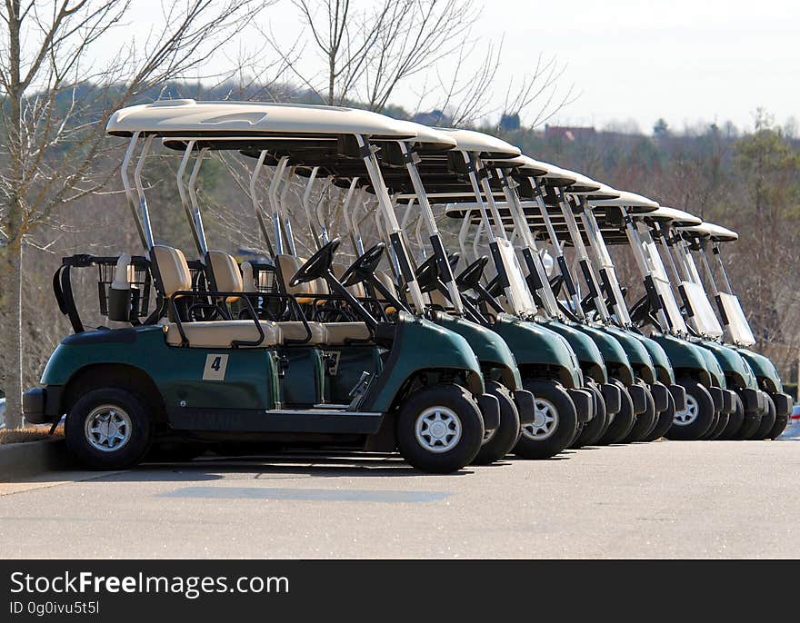 A row of golf carts parked on the street.