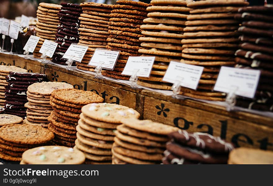 Stacks of cookies or biscuits in a bakery.