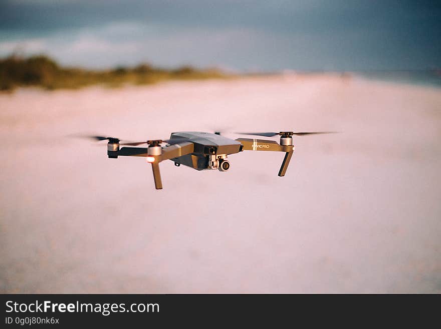 A quadcopter hovering in mid-air.