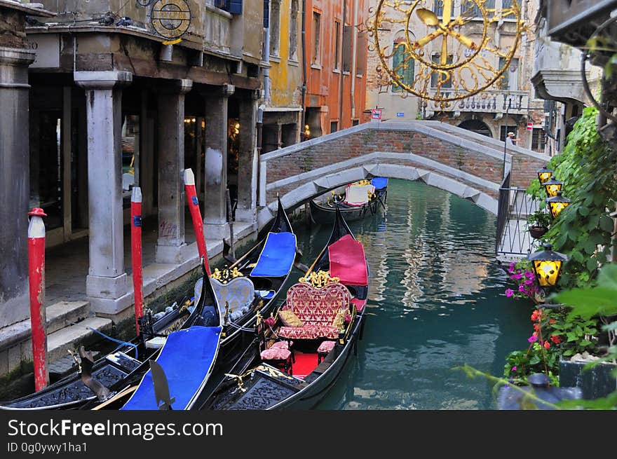 The water streets of Venice are canals which are navigated by gondolas and other small boats. During daylight hours the canals, bridges, and streets of Venice are full of tourists eager to experience the romance of this great travel destination. As night engulfs the town, tourists enjoy some fine dining at one of the many restaurants, leaving the waterways and streets quiet. The gondola is a traditional, flat-bottomed Venetian rowing boat, well suited to the conditions of the Venetian Lagoon. For centuries gondolas were once the chief means of transportation and most common watercraft within Venice. In modern times the iconic boats still have a role in public transport in the city, serving as ferries over the Grand Canal. They are also used in special regattas &#x28;rowing races&#x29; held amongst gondoliers. Their main role, however, is to carry tourists on rides throughout the canals. Gondolas are hand made using 8 different types of wood &#x28;fir, oak, cherry, walnut, elm, mahogany, larch and lime&#x29; and are composed of 280 pieces. The oars are made of beech wood. The left side of the gondola is longer than the right side. This asymmetry causes the gondola to resist the tendency to turn toward the left at the forward stroke. Venetian masks are a centuries-old tradition of Venice. The masks are typically worn during the Carnival of Venice, but have been used on many other occasions in the past, usually as a device for hiding the wearer&#x27;s identity and social status. The mask would permit the wearer to act more freely in cases where he or she wanted to interact with other members of the society outside the bounds of identity and everyday convention. It was thus useful for a variety of purposes, some of them illicit or criminal, others just personal, such as romantic encounters. The water streets of Venice are canals which are navigated by gondolas and other small boats. During daylight hours the canals, bridges, and streets of Venice are full of tourists eager to experience the romance of this great travel destination. As night engulfs the town, tourists enjoy some fine dining at one of the many restaurants, leaving the waterways and streets quiet. The gondola is a traditional, flat-bottomed Venetian rowing boat, well suited to the conditions of the Venetian Lagoon. For centuries gondolas were once the chief means of transportation and most common watercraft within Venice. In modern times the iconic boats still have a role in public transport in the city, serving as ferries over the Grand Canal. They are also used in special regattas &#x28;rowing races&#x29; held amongst gondoliers. Their main role, however, is to carry tourists on rides throughout the canals. Gondolas are hand made using 8 different types of wood &#x28;fir, oak, cherry, walnut, elm, mahogany, larch and lime&#x29; and are composed of 280 pieces. The oars are made of beech wood. The left side of the gondola is longer than the right side. This asymmetry causes the gondola to resist the tendency to turn toward the left at the forward stroke. Venetian masks are a centuries-old tradition of Venice. The masks are typically worn during the Carnival of Venice, but have been used on many other occasions in the past, usually as a device for hiding the wearer&#x27;s identity and social status. The mask would permit the wearer to act more freely in cases where he or she wanted to interact with other members of the society outside the bounds of identity and everyday convention. It was thus useful for a variety of purposes, some of them illicit or criminal, others just personal, such as romantic encounters.