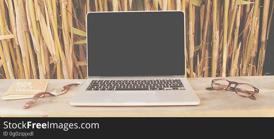 A laptop on desk with eyeglasses and watch and a bamboo background.