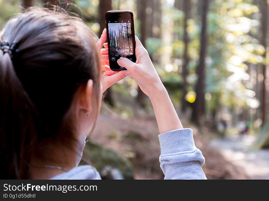 Woman Using Her Smartphone While Taking the Picture the Forest