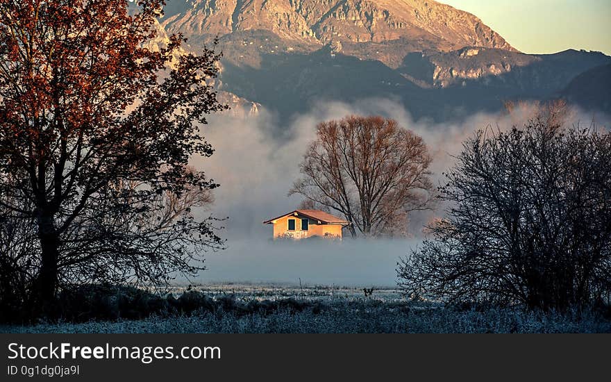 A cabin in the woods with mountains in the background and mist settling in to the land. A cabin in the woods with mountains in the background and mist settling in to the land.