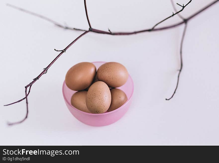 A cup of hen's eggs with a branch on white background. A cup of hen's eggs with a branch on white background.