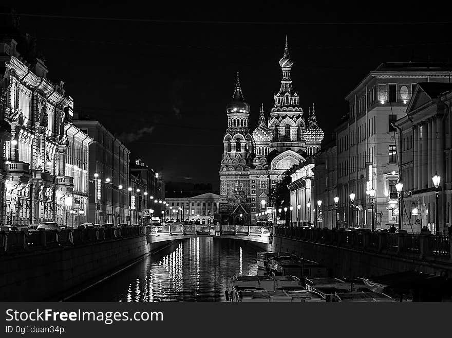 Night, Landmark, Reflection, Black And White