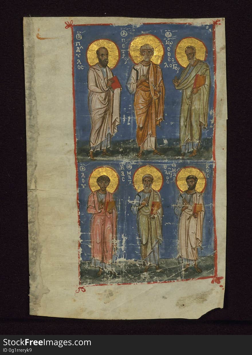 This image originally faced the beginning of the Acts of the Apostles in a late eleventh-century Psalter and New Testament in Mount Athos, Vatopedi Monastery, MS 762. It seems likely that in this manuscript&#x27;s scribe and illuminator were the same person. The Evangelists and Apostles appear in the following order: Paul, Peter, John &#x28;above&#x29;, Luke, Matthew, Mark &#x28;below&#x29;. This image originally faced the beginning of the Acts of the Apostles in a late eleventh-century Psalter and New Testament in Mount Athos, Vatopedi Monastery, MS 762. It seems likely that in this manuscript&#x27;s scribe and illuminator were the same person. The Evangelists and Apostles appear in the following order: Paul, Peter, John &#x28;above&#x29;, Luke, Matthew, Mark &#x28;below&#x29;.