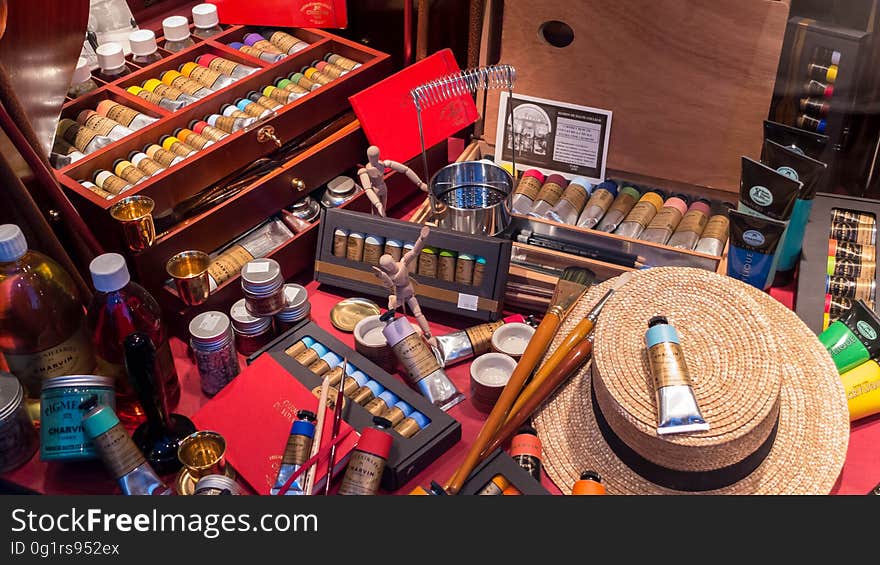 A display of art supplies in the window of the Charvin shop in Paris.