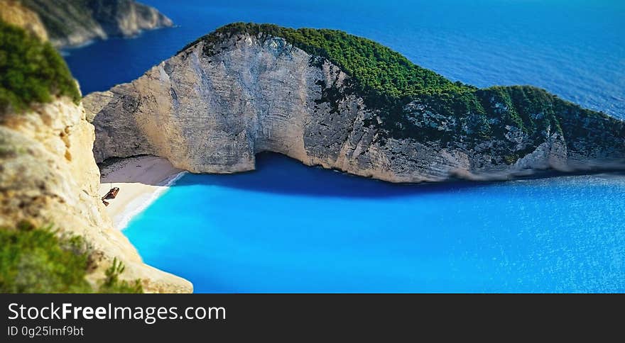 Navagio Beach or Shipwreck Beach, an exposed cove on the coast of Zakynthos, in the Ionian Islands of Greece.