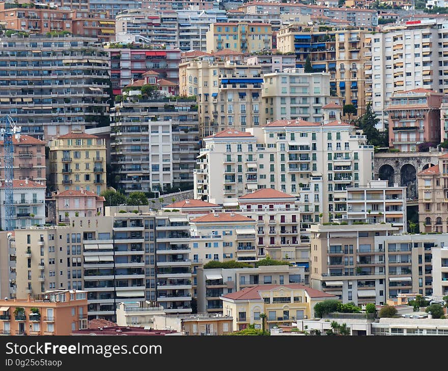 Apartment buildings and houses in a city.