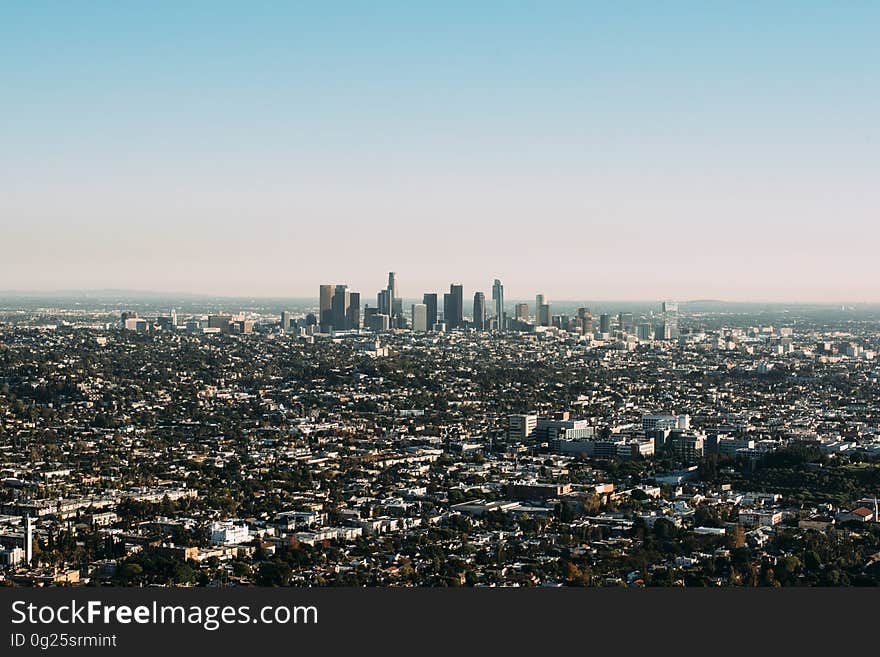 A modern city skyline with the business district in the center.