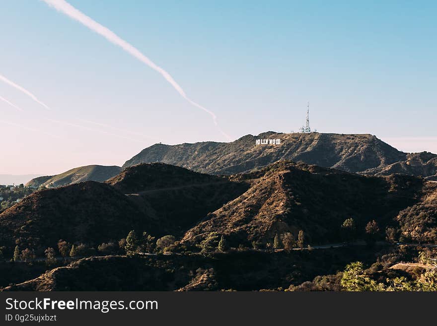 The Hollywood sign on mount Lee on the Hollywood hills on the Santa Monica mountains in Los Angeles, California, USA.