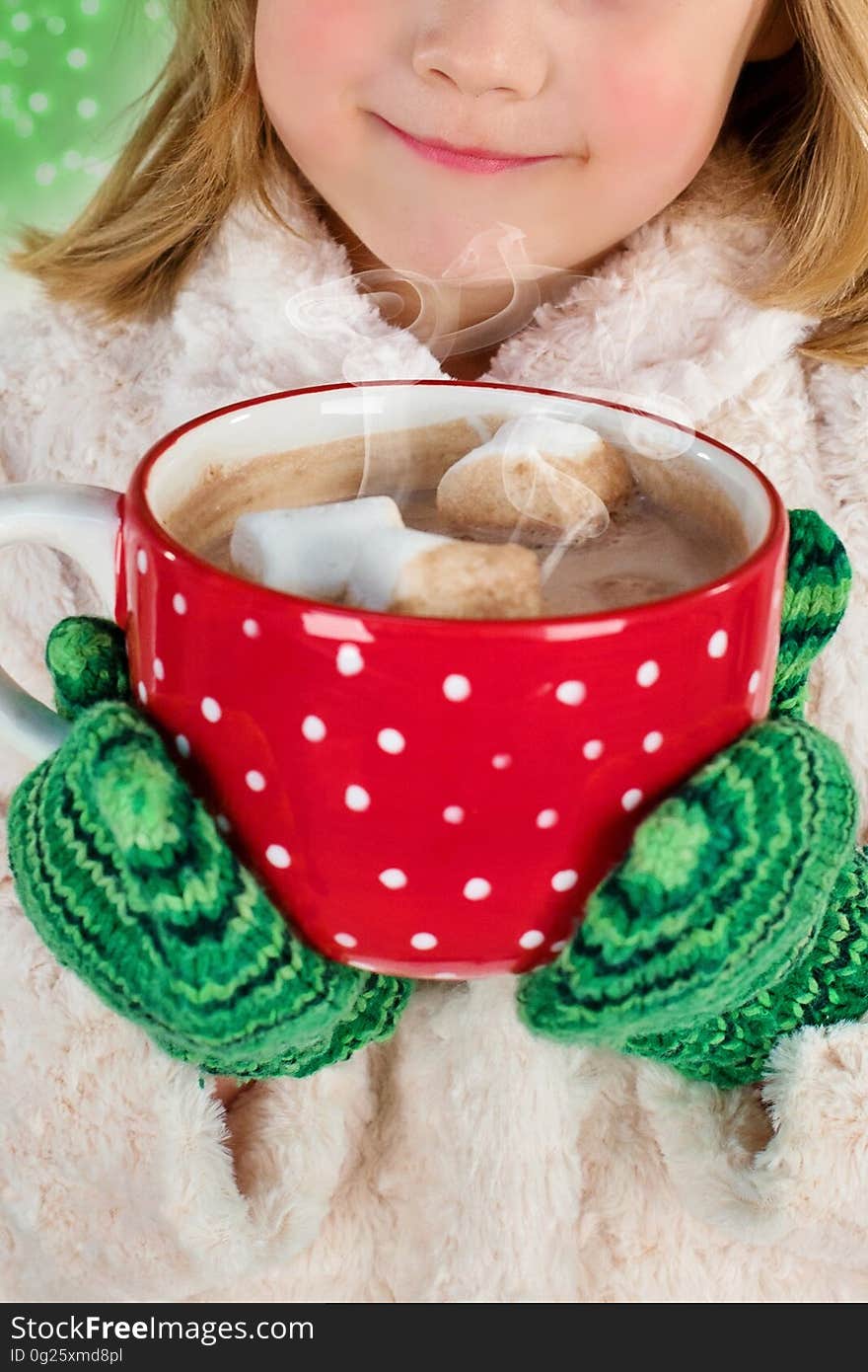 Girl in White Snow Coat Holding Red and White Ceramic Mug