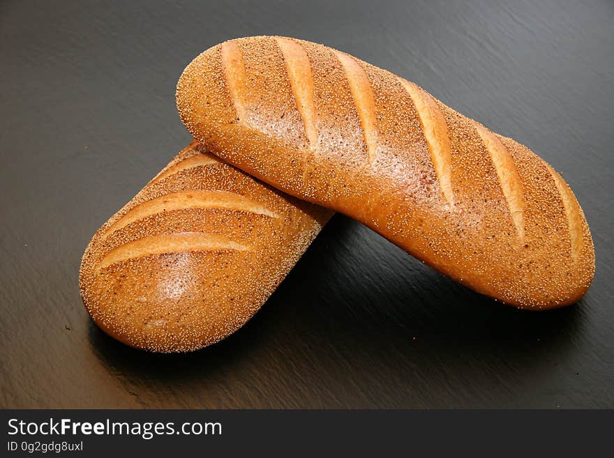 Closeup of freshly baked baguettes.