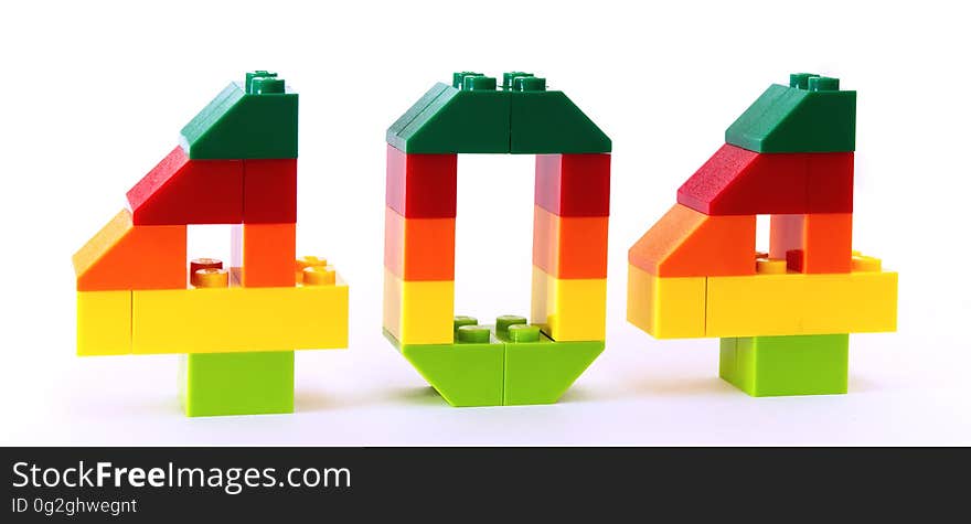 Colorful graphic 404 error code in plastic children's blocks on white. Colorful graphic 404 error code in plastic children's blocks on white.