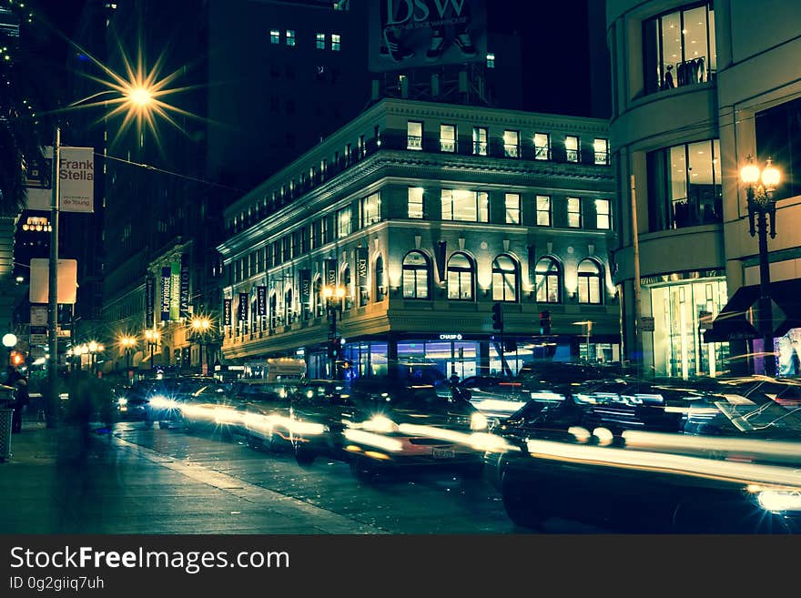 Blur of headlights from traffic on streets in city at night. Blur of headlights from traffic on streets in city at night.