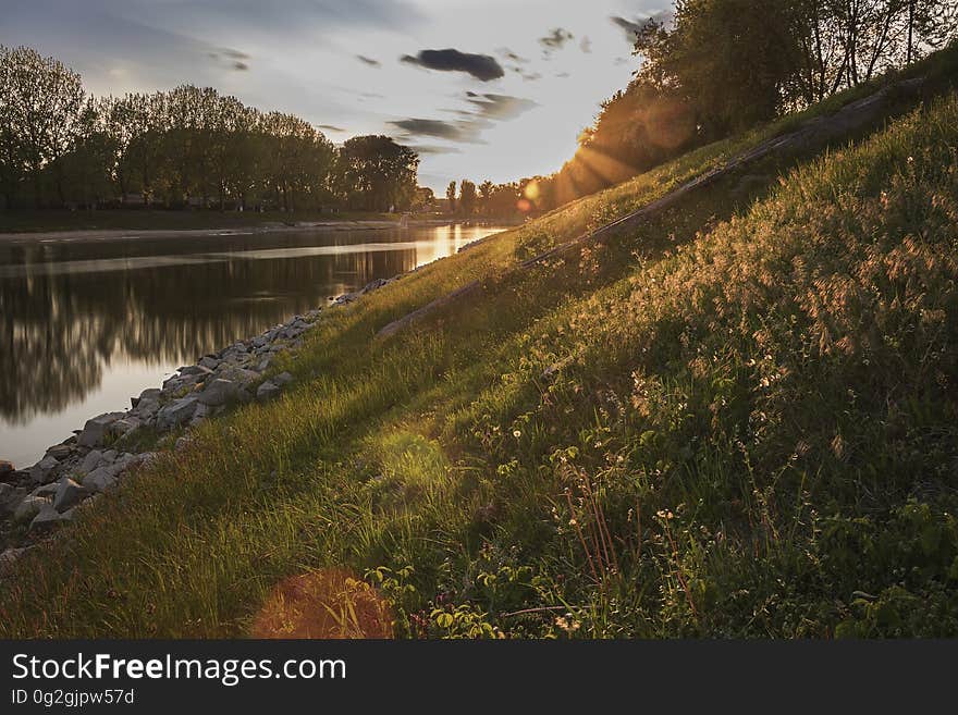 A sunlit grassy river bank at sunset with rocks lining the river itself, leafless trees on the opposite bank and a pale blue sky.