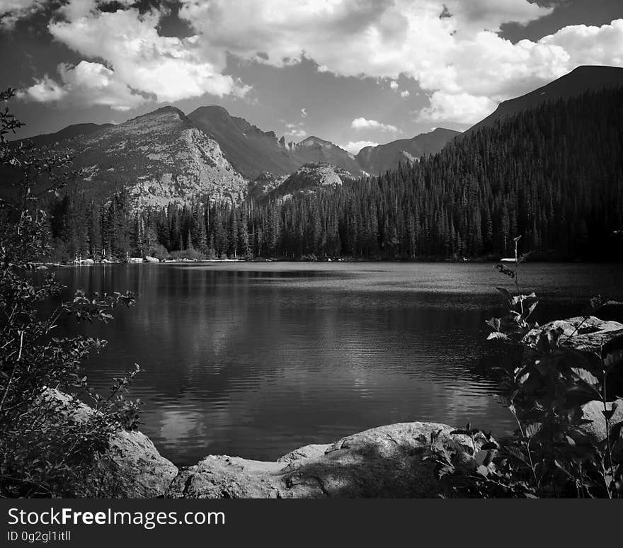 A mountain lake landscape in black and white. A mountain lake landscape in black and white.