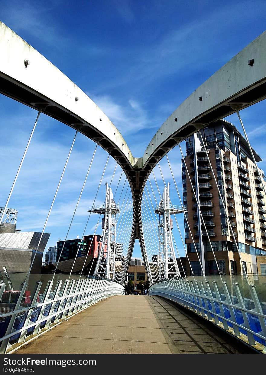 A view of a footbridge from the top.