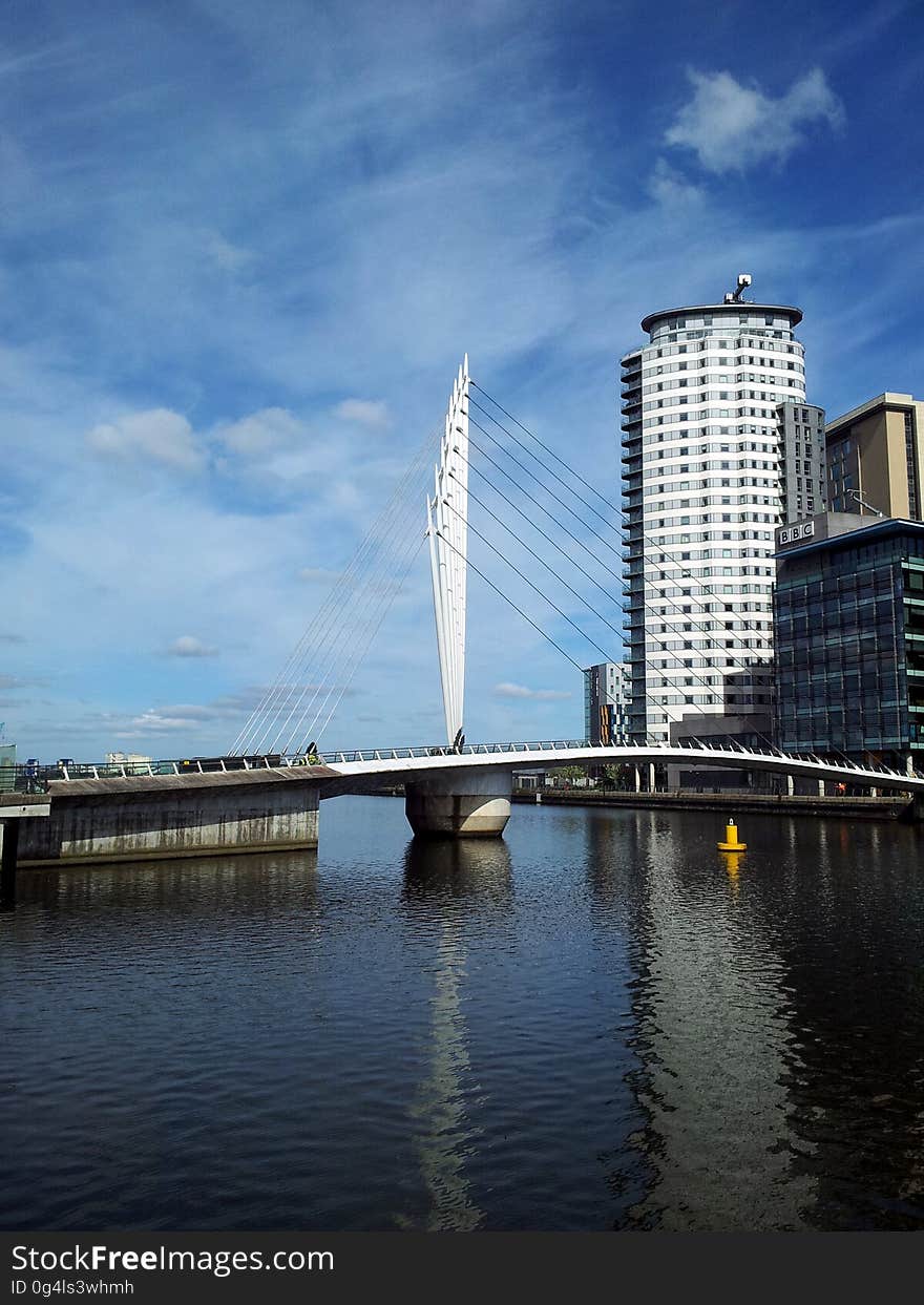 The footbridge of Media City in Manchester, United Kingdom. The footbridge of Media City in Manchester, United Kingdom.