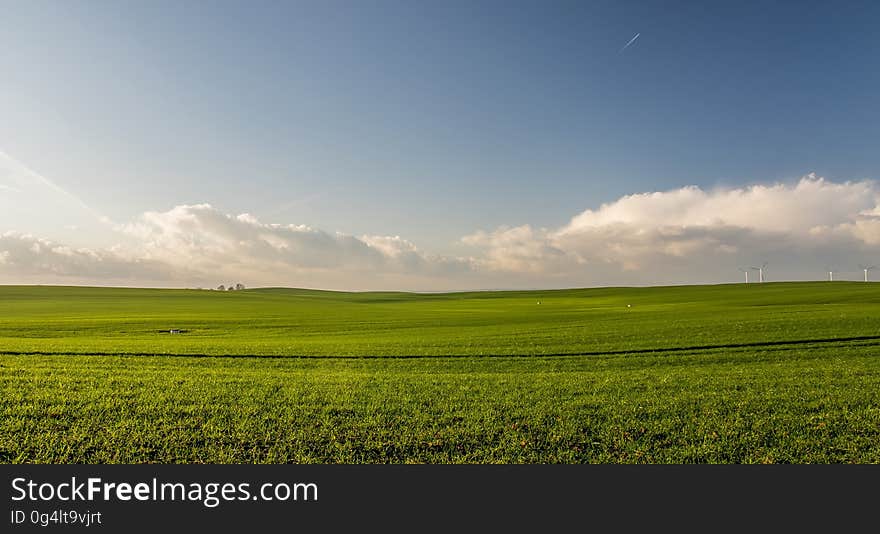 A landscape with green cultivated fields and blue skies above. A landscape with green cultivated fields and blue skies above.