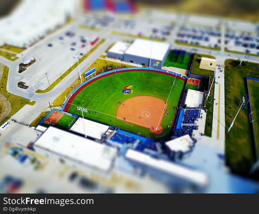 Aerial view of Kansas University baseball field with Jayhawks mascot. Aerial view of Kansas University baseball field with Jayhawks mascot.