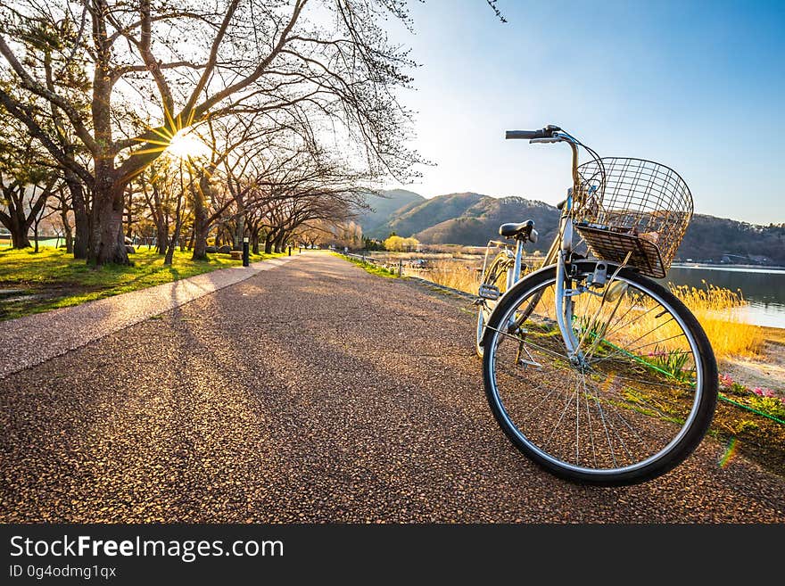 Bicycle parking on road of Kwaguchiko lake with Fuji mountain