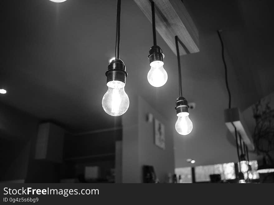 A black and white photo of hanging lightbulbs.