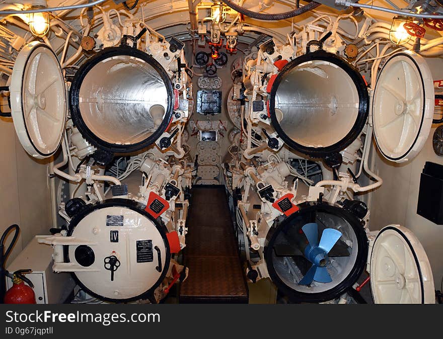 Inside engine room with open tubes.