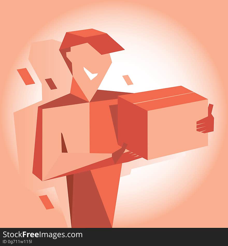 Smile man in cap with box in red. Fast delivery, loader with a box